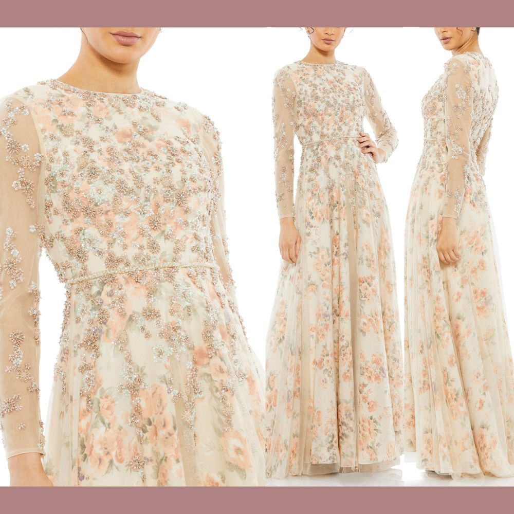NWT $798 Mac Duggal [ 4 ] Floral Beaded Long Sleeve Mesh A Line Gown Nude #11219